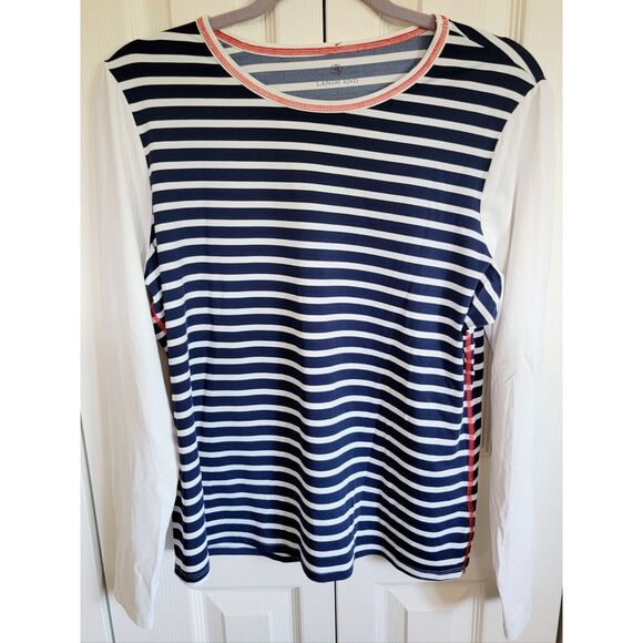 Lands End L Women's Long Sleeve Blue White Red Striped Pullover Top Size Stretch - Picture 5 of 7